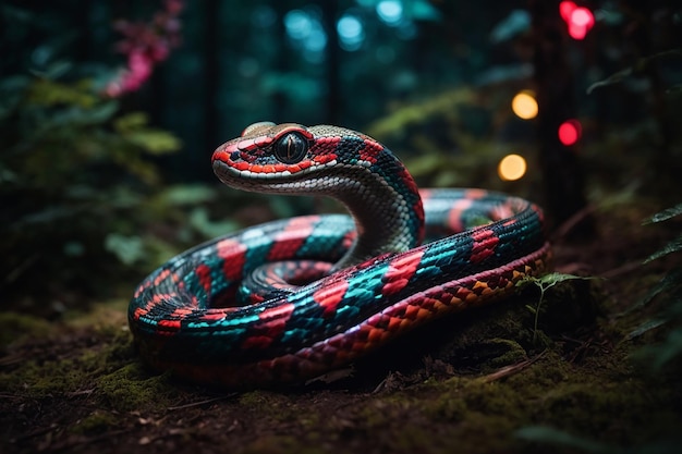 Multicoloured mechanical snake rearing its head in an alien forest at night