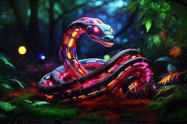Фото Многоцветная механическая змея, поднимающая голову в чужом лесу ночью.