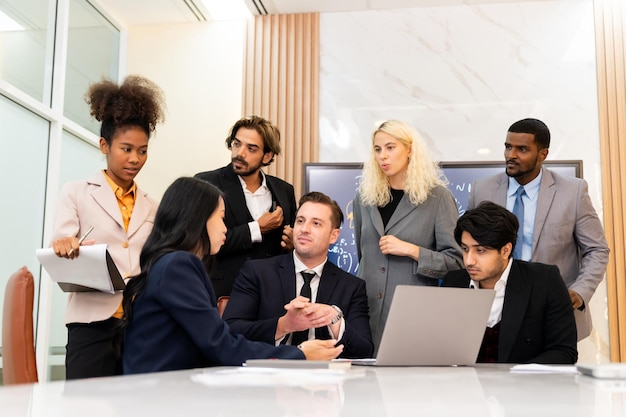 Multicultural businesspeople brainstorming business idea together Ornamented