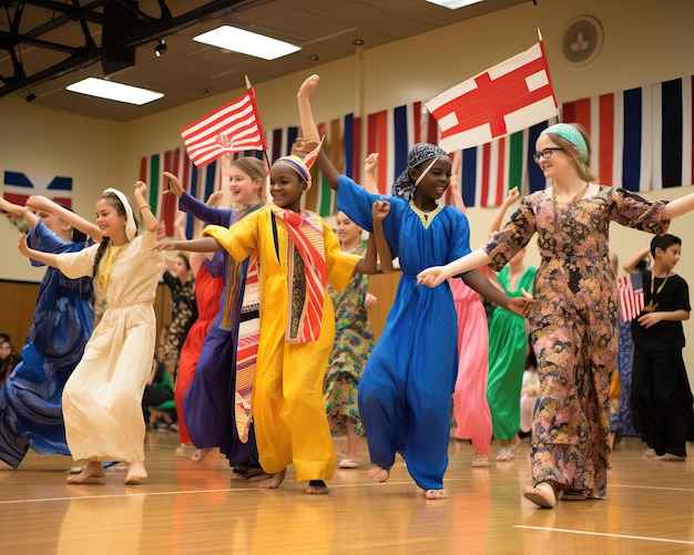 Photo a multicultural celebration in the school auditorium with students dressed in traditional attire