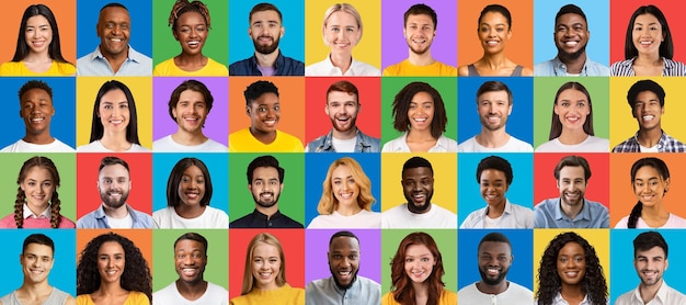 Multicultural community concept collage of smiling diverse people headshots over bright studio