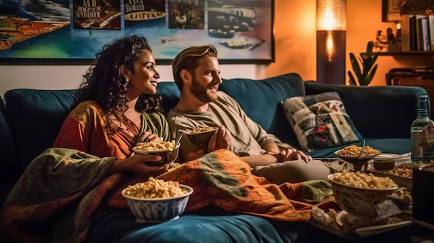 A multicultural couple enjoying a movie night