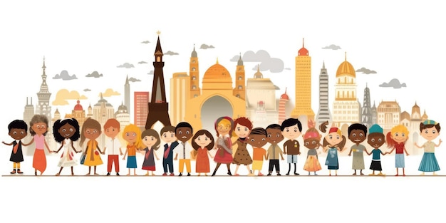 多文化多様世界名所の都市スカイラインを白い背景で描いた多文化多元的な子供向けアニメ ジェネレーティブAI AIG32