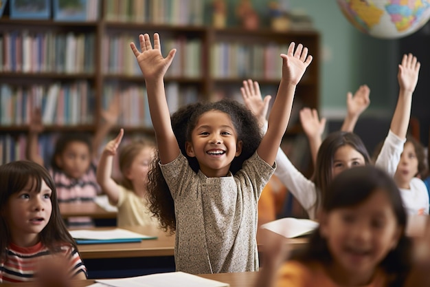 multicultural elementary school students raising their hands in a classroom