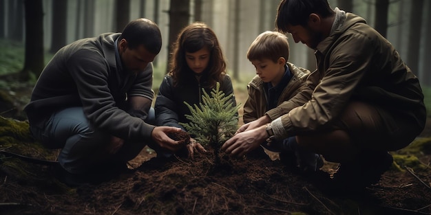 Foto una famiglia multiculturale pianta un albero generative ai