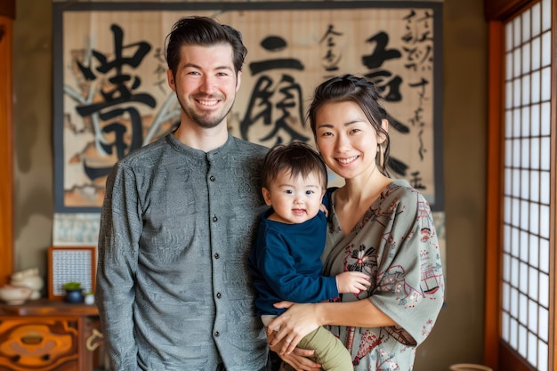 写真 カリグラフィーアートワークで伝統的な日本の家庭のインテリアで一緒に笑顔を浮かべる多文化家庭