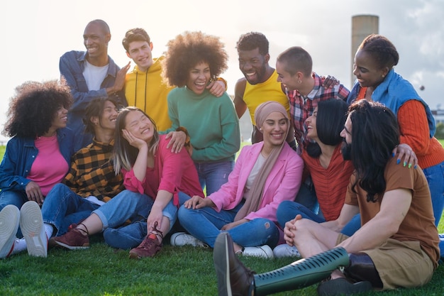 Multicultural group of friends hanging out outdoors during a sunset Concept multiculturalism diversity lifestyle