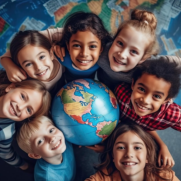 A multicultural group of happy school children holding a globe Happy Children's Day