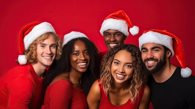 Foto gruppo multiculturale di giovani felici che indossano cappelli rossi di babbo natale durante la festa di natale e capodanno