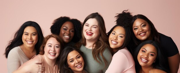 Multicultural group of plussize people on pastel background