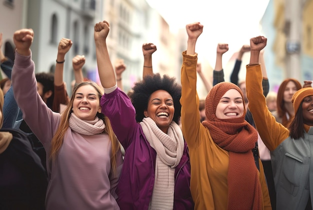 다문화 여성 그룹이 국제 여성의 날인 3월 8일, 페미니즘, 독립, 자유, 권력화, 여성 권리 운동을 위해 주먹을 들어 올리고 있다.