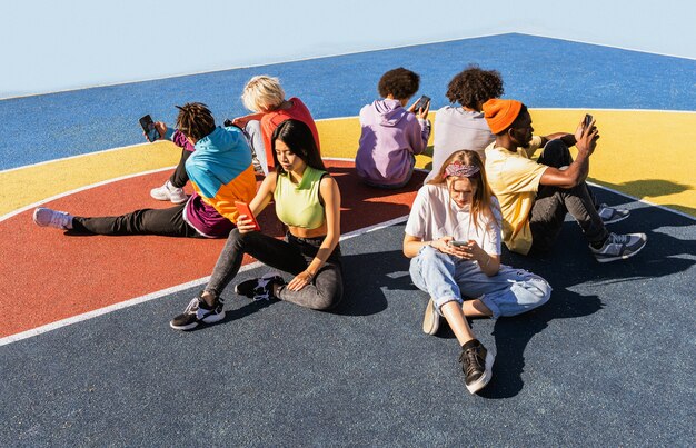 Multicultural group of young friends bonding outdoors and having fun - Stylish cool teens gathering at urban skate park