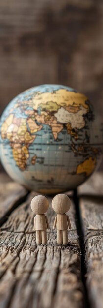 Photo multicultural human puppets standing in front of world globe map generative ai