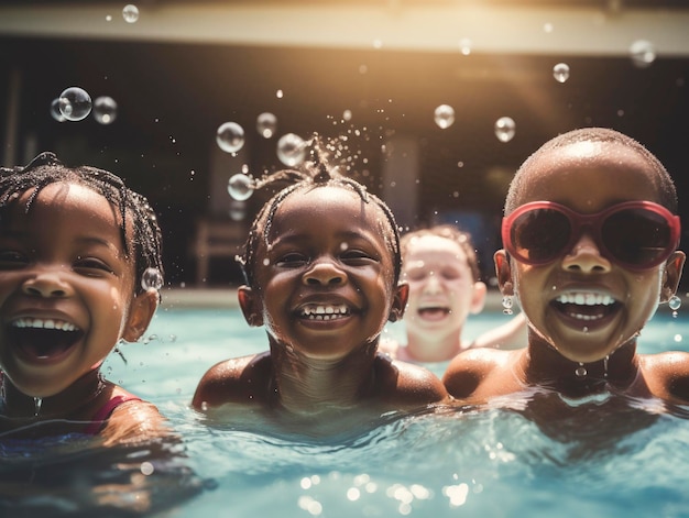 Multicultural Kids laughter and Fun in the Pool generative ai