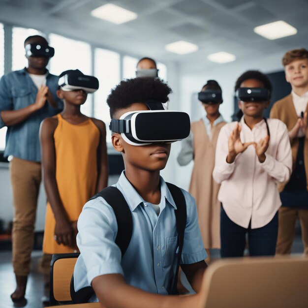 Multicultural school children using virtual reality headsets