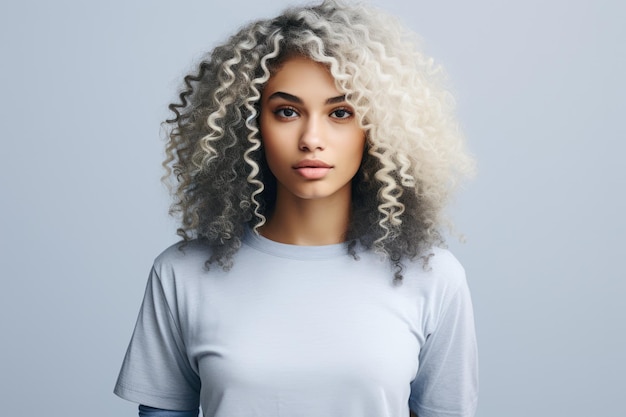 Multicultural young woman with curly white hair in a studio shot