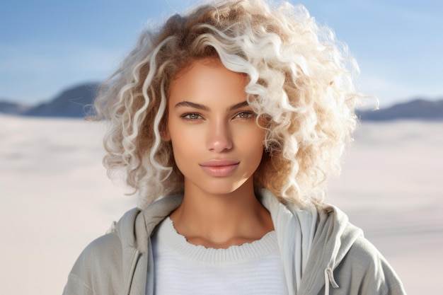 Multicultural young woman with curly white hair