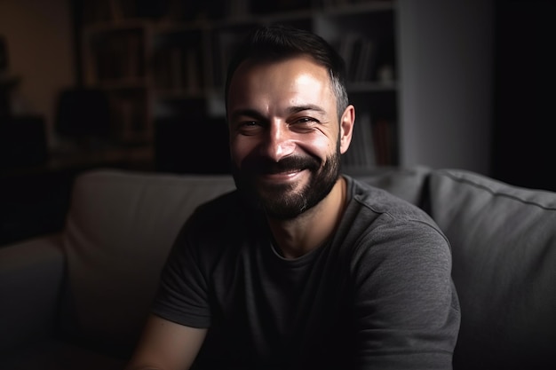 Multiculturalism in Action A Smiling Man Behind a Gray Sofa in a Shiny Living Room