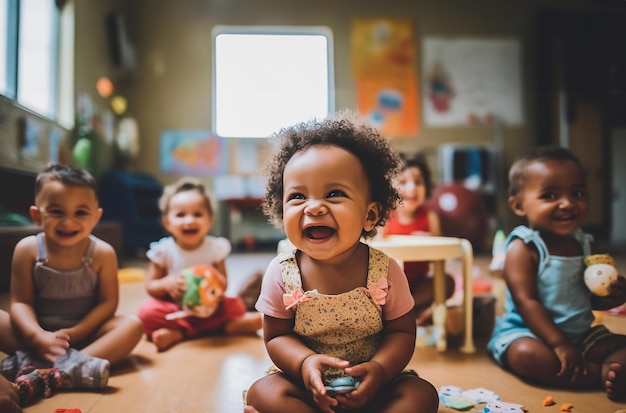 Multicultureel kinderdagverblijf met Afro-Amerikaanse peuterbaby's groep werknemers met baby's erin