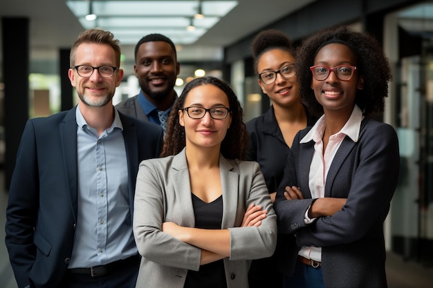 Multicultureel zakelijk team glimlachend naar de camera in Office Genative Ai