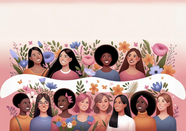 Multiculturele diversiteitsgroep vrouwen en meisjes worden geconfronteerd met portret Vrouwendag Vrouwelijke sociale gemeenschap.