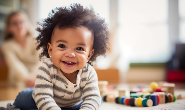 Multiculturele kinderdagverblijf met Afro-Amerikaanse peuterbaby's Groep arbeiders met baby's