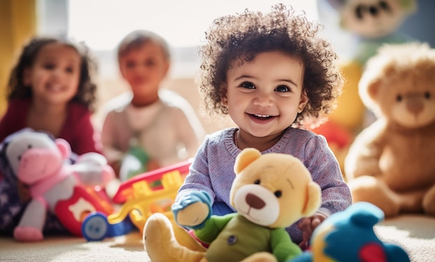 Multiculturele kinderdagverblijf met Afro-Amerikaanse peuterbaby's Groep arbeiders met baby's