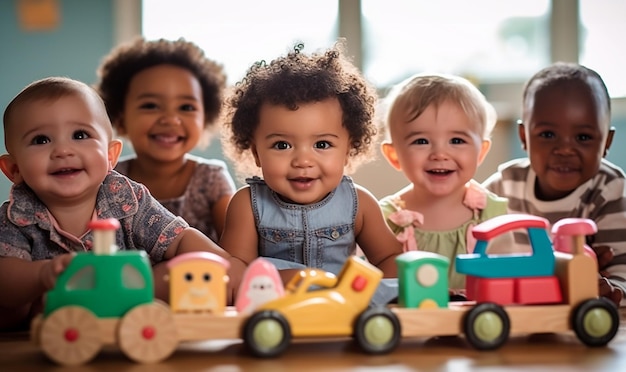 Multiculturele kinderdagverblijf met Afro-Amerikaanse peuterbaby's Groep arbeiders met baby's