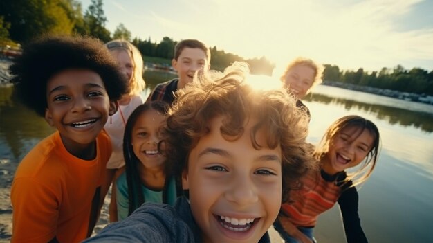 Multiculturele, uitbundige GenAlpha-jongeren nemen een selfie op een mobiel apparaat bij een oever van een rivier.