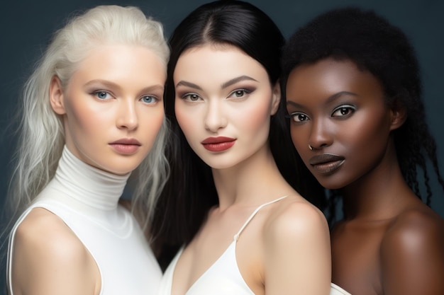 Multiculturele vrouwen van verschillende rassen, geloofsovertuigingen en huidskleuren poseren met make-up Jonge vrouwen omhelzen vriendschap