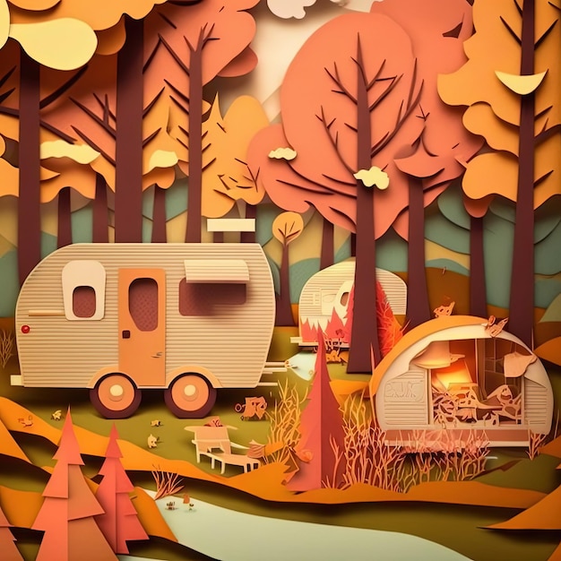 Multidimensional paper cut craft camping area with beautiful forest scenery and trailers Generative