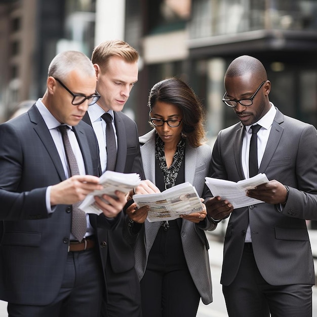 multiethnic business people reading report on city street