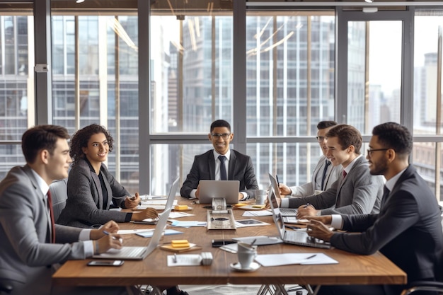 Multiethnic business team discussing ideas during meeting in modern office