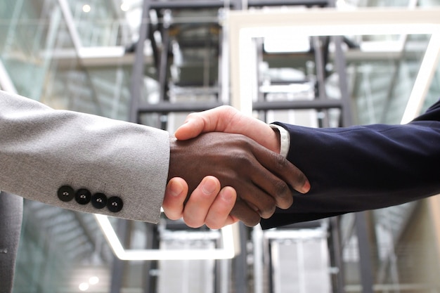 Multiethnic businessmen shaking hands during contract signing at workplace
