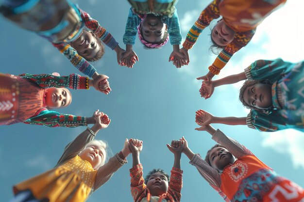 Foto bambini multietnici che si tengono per mano in cerchio