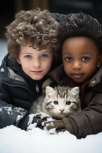 Multiethnic children playing in the snow AI Generated