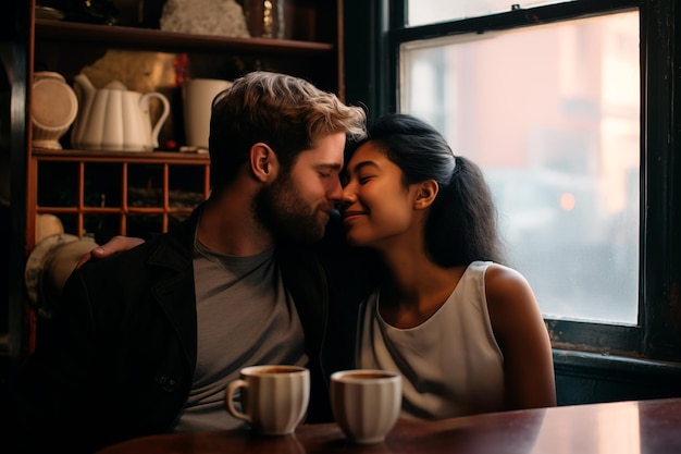 Multiethnic couple about to kiss in a cafeteria