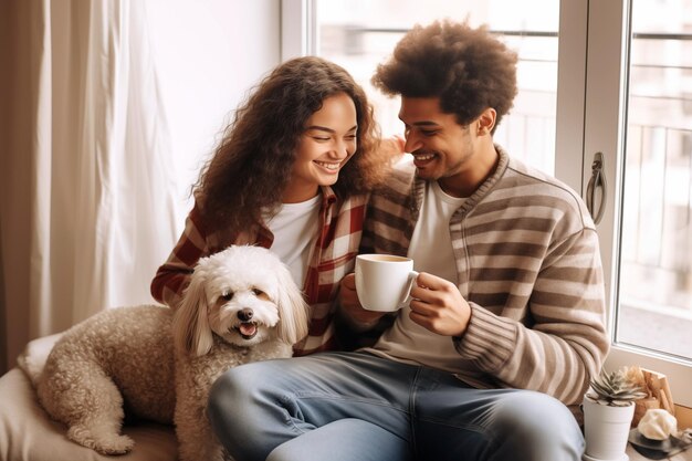 Photo multiethnic couple at home with a dog