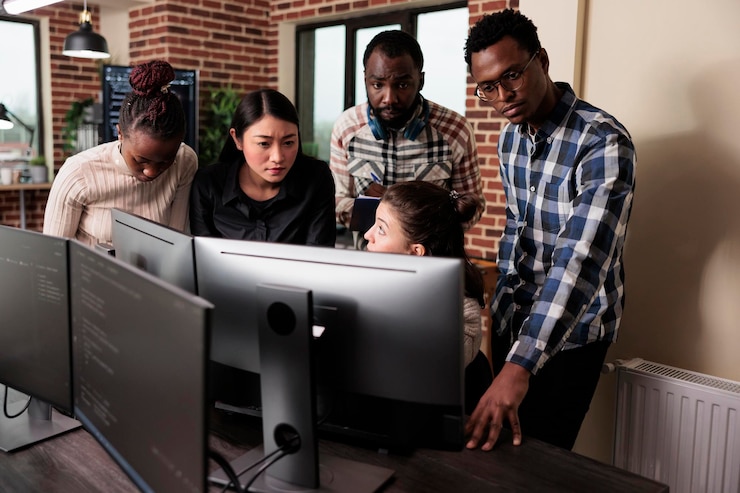 Photo multiethnic cyber security team developing software algorithm for information processing and network optimization. informational agency multiracial tech engineers programming application while using c