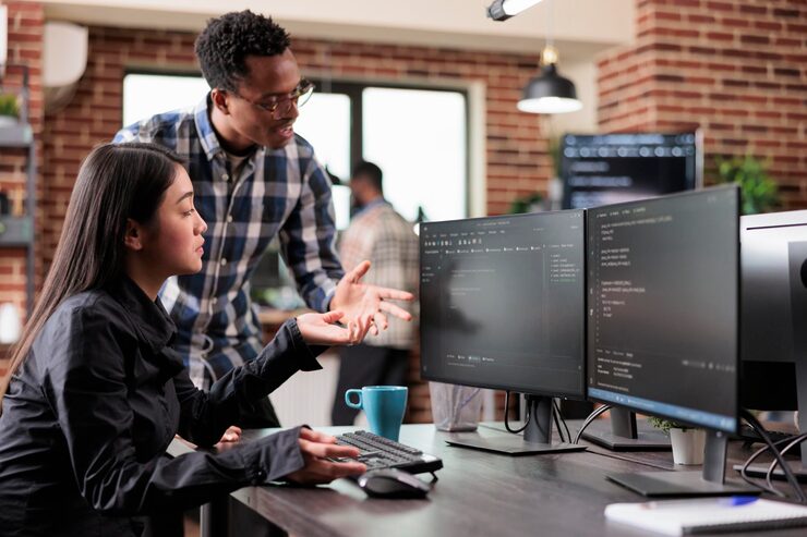 Photo multiethnic cyber security team developing software algorithm for information processing and network optimization. informational agency multiracial tech enginners programming application while using c