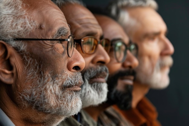 Multiethnic diversity and beauty Group of different ethnicity senior men in profile