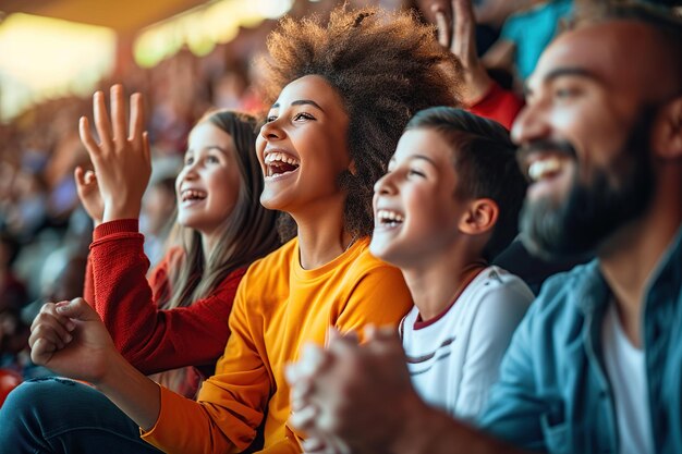 Multiethnic family cheering in sport match together