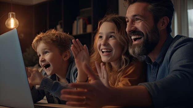 Многоэтническая семья разделяет момент празднования через веб-камеру ноутбука