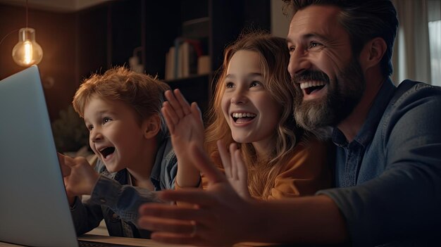 A multiethnic family shares a moment of celebration through a laptop webcam