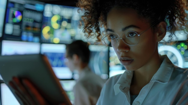 Photo multiethnic female government employee uses tablet in control center