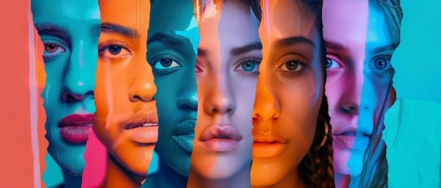 Multiethnic friends posing on a multicolored neon light background The collage is composed of half the faces of male and female models