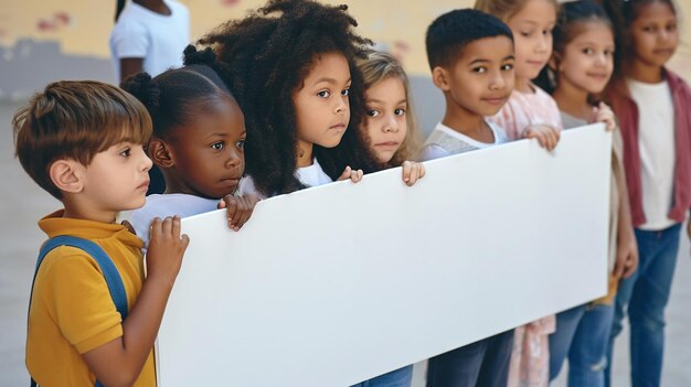 Photo multiethnic group of children holding empty banner