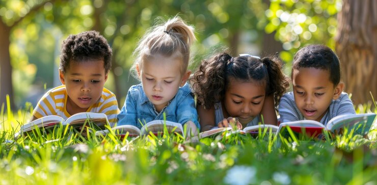Photo multiethnic group of children reading books together outdoors in a sunny park