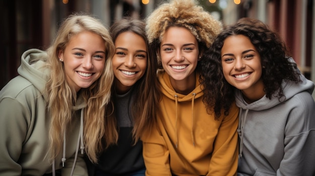 Multiethnic group of four young women in hoodies smiling at camera