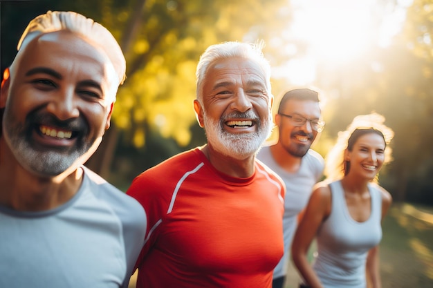 Photo a multiethnic group of friends of different genders and ages during a running workout in the park joint training to motivate youth and maintain health in middle age